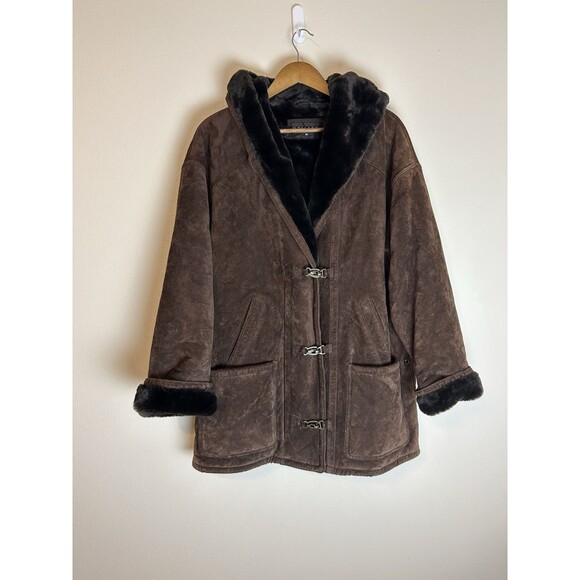 Vintage Fur Lined Faux Suede Penny Lane Fireman Clasp Coat Sz XL Brown - Picture 1 of 4